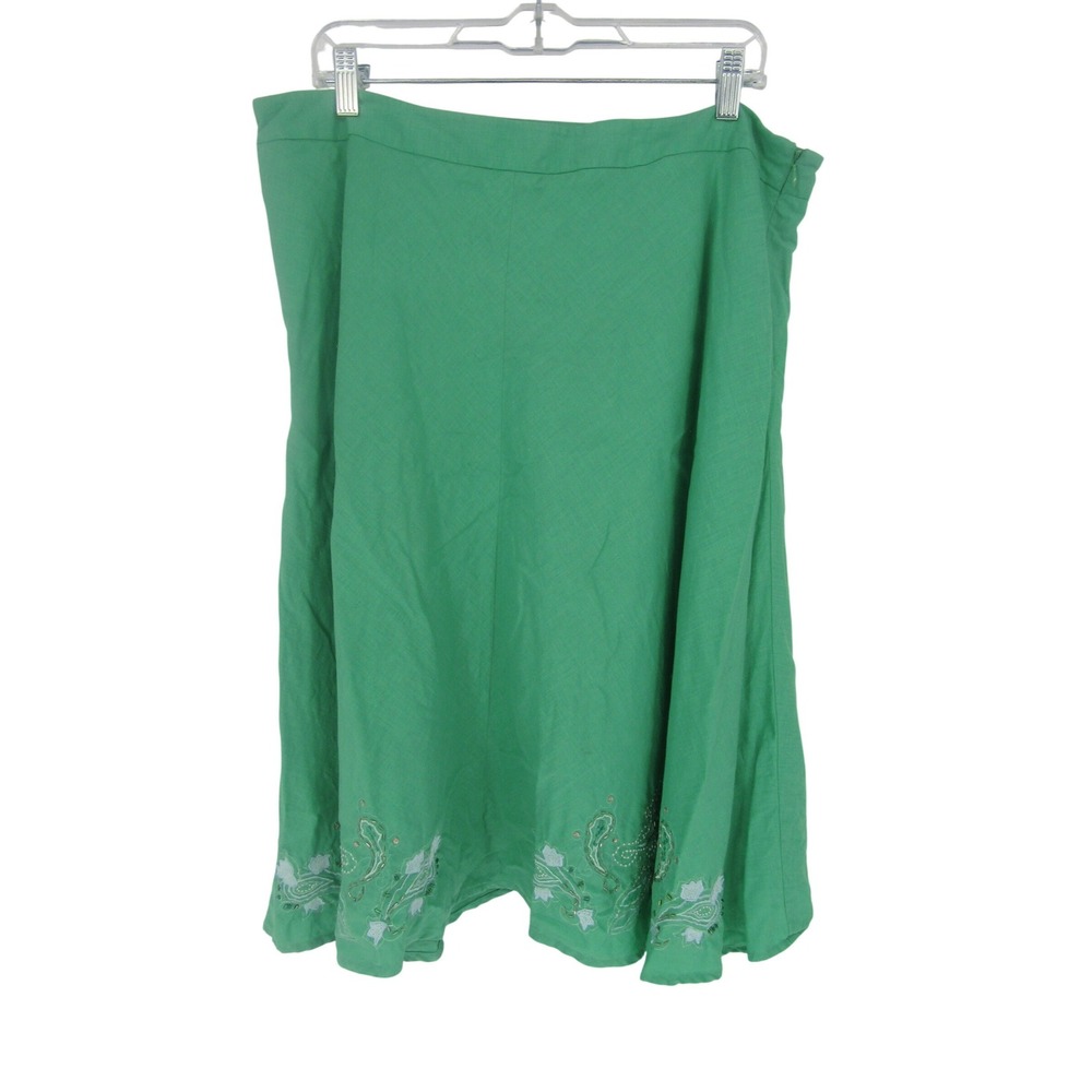 Apostrophe A-Line Knee Skirt Womens 16 Green Linen Embroidered Scalloped Boho‎